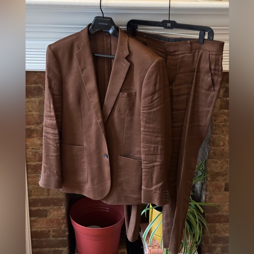 EXPRESS Brown/Brick Red Linen Blend Suit Extra Slim 40R 32x32